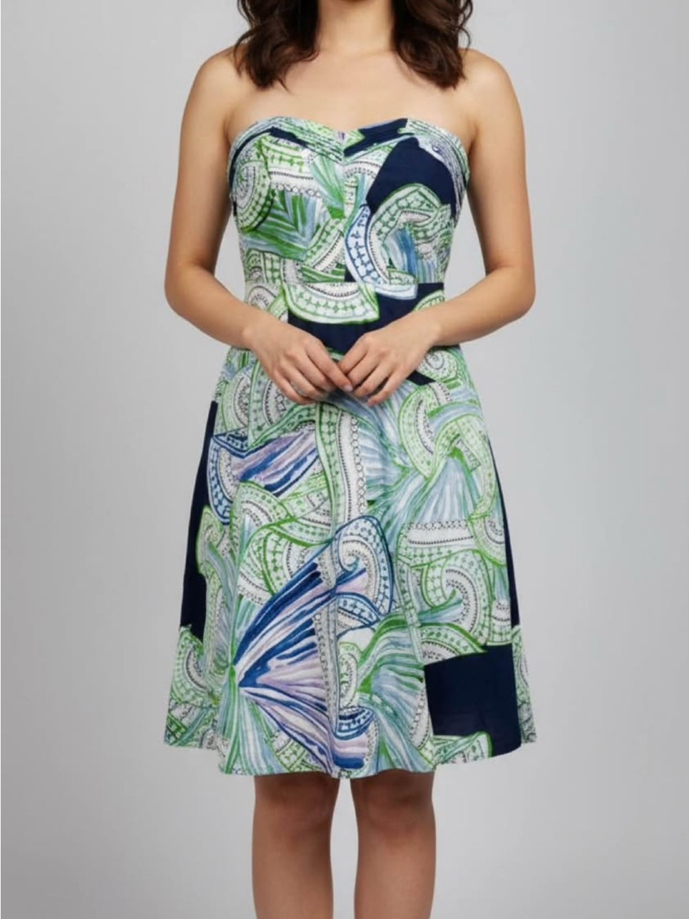 Moulinette Soeurs Strapless Printed Dress in Green & Navy
